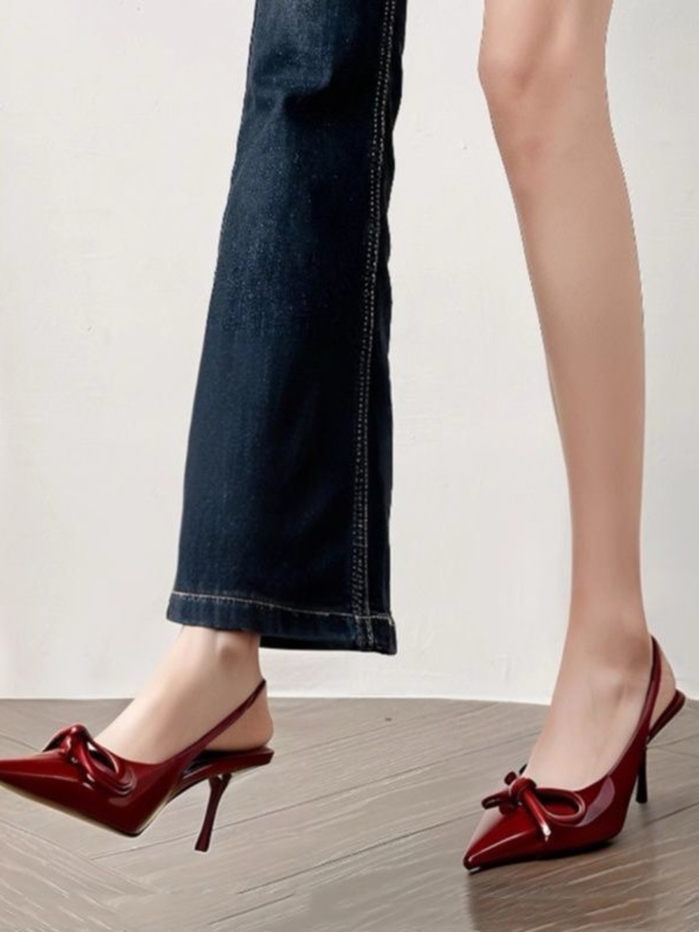 Patent Pointed-Toe Slingback Heels in Burgundy with Bow Detail